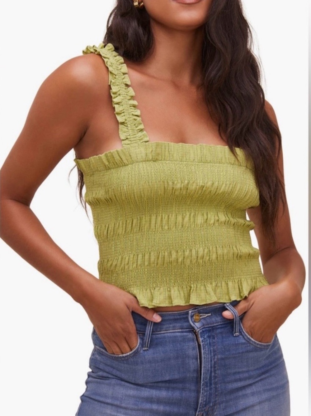 New ASTR The Label Twiggy Smocked Ruffle Sz XL Crop Tank Top Olive Green $110
